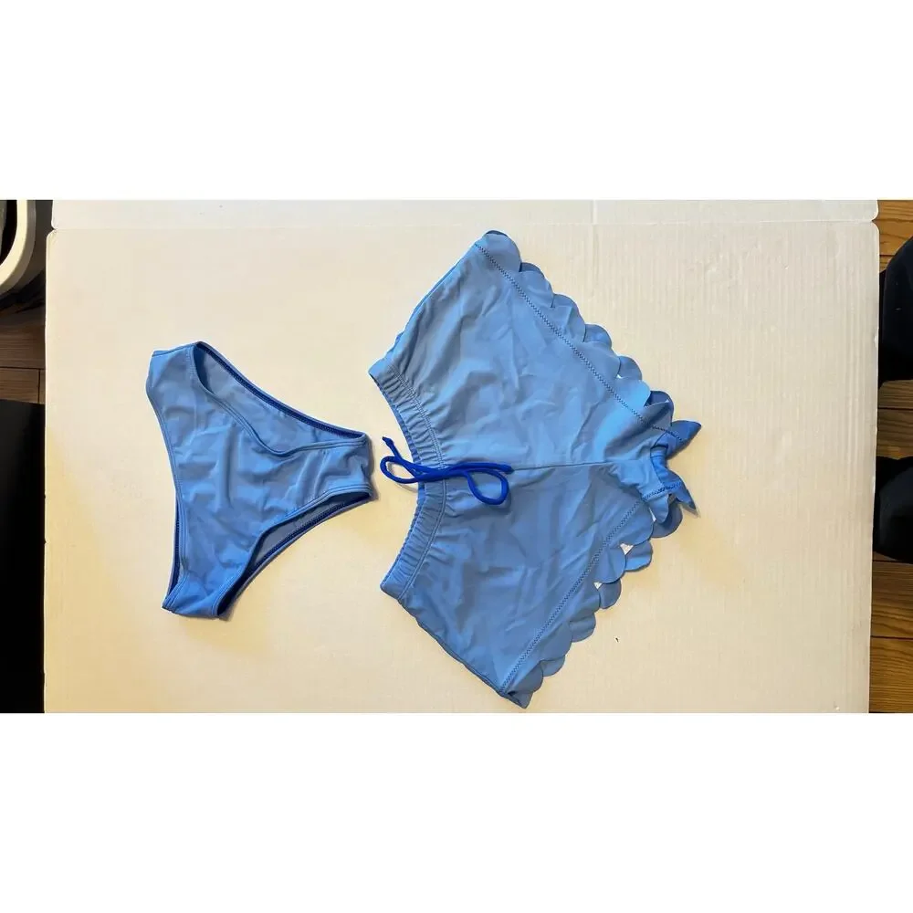 Shein Scalloped Royal Blue 3 piece bikini swimsuit shorts & top sz XS